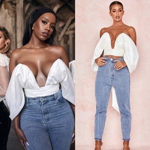 HOUSE OF CB 'Elisetta' Ivory Satin Plunge Off Shoulder Bustier
